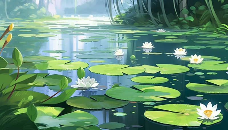 森林夏天夏至荷花盛开开花荷叶植物水面户外景色自然插画,插画/手绘图,插画/手绘图库,插画/手绘图下载,插画/手绘